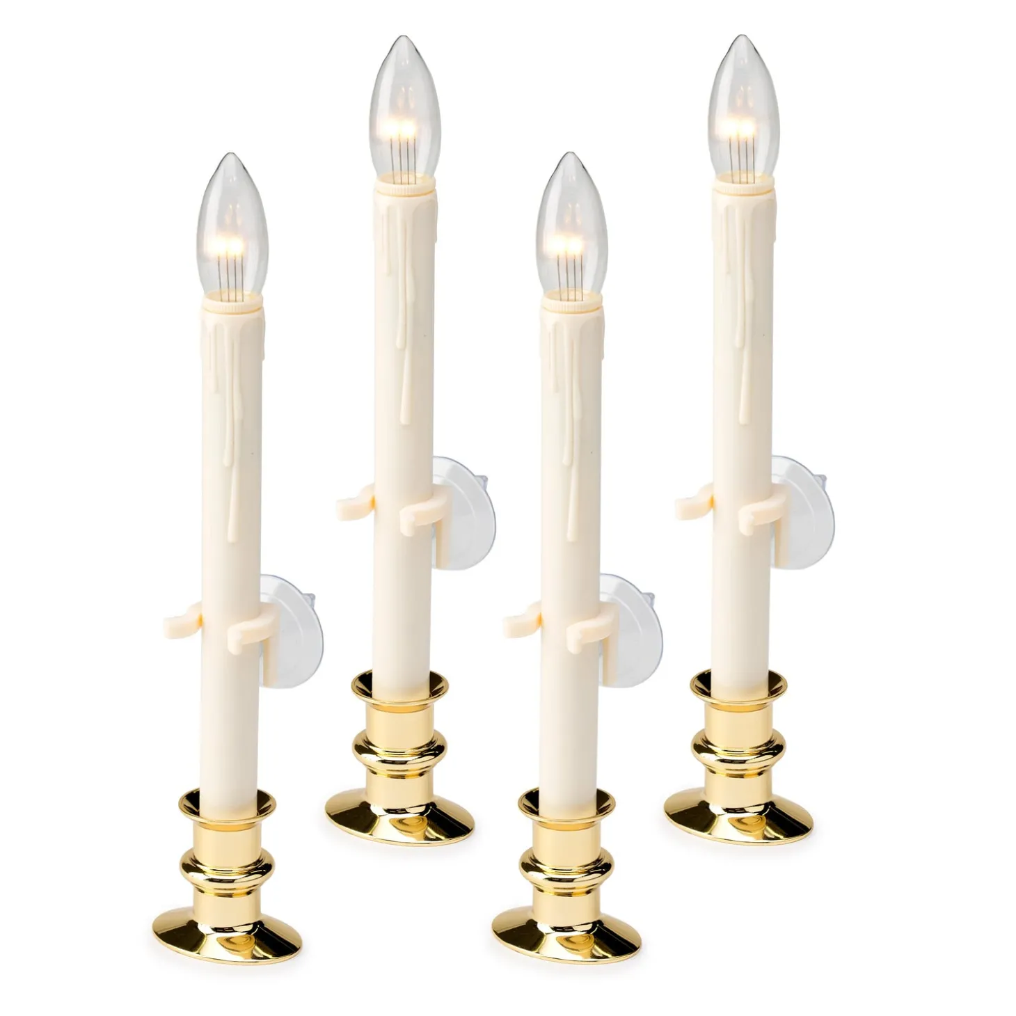 Candles & Lanterns | Lighted Accents>Plow & Hearth Suction Cup Window Candles with Timer and Remote, Set of 4 Brass