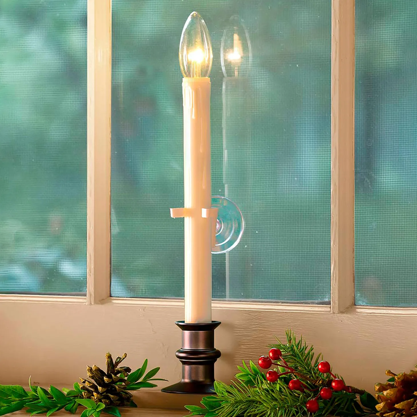 Candles & Lanterns | Lighted Accents>Plow & Hearth Suction Cup Window Candles with Timer and Remote, Set of 4 Pewter