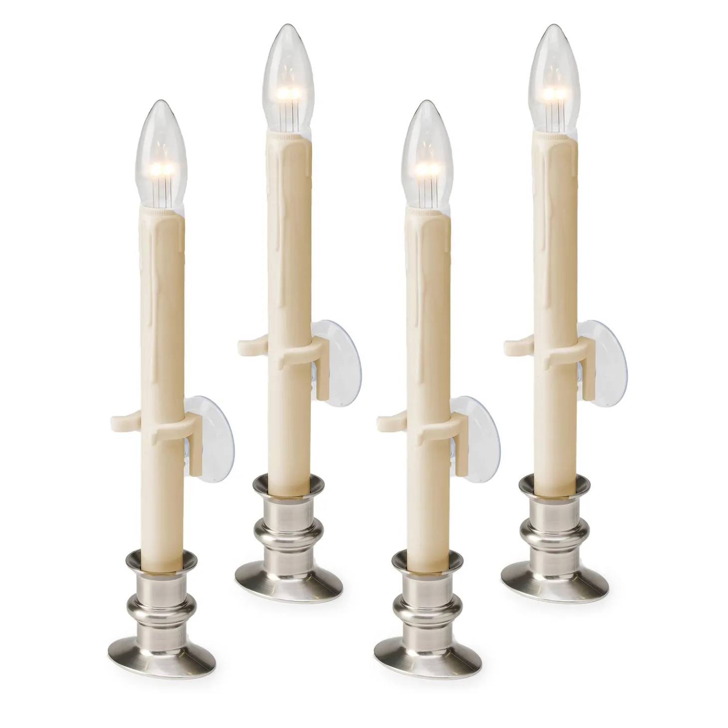 Candles & Lanterns | Lighted Accents>Plow & Hearth Suction Cup Window Candles with Timer and Remote, Set of 4 Pewter