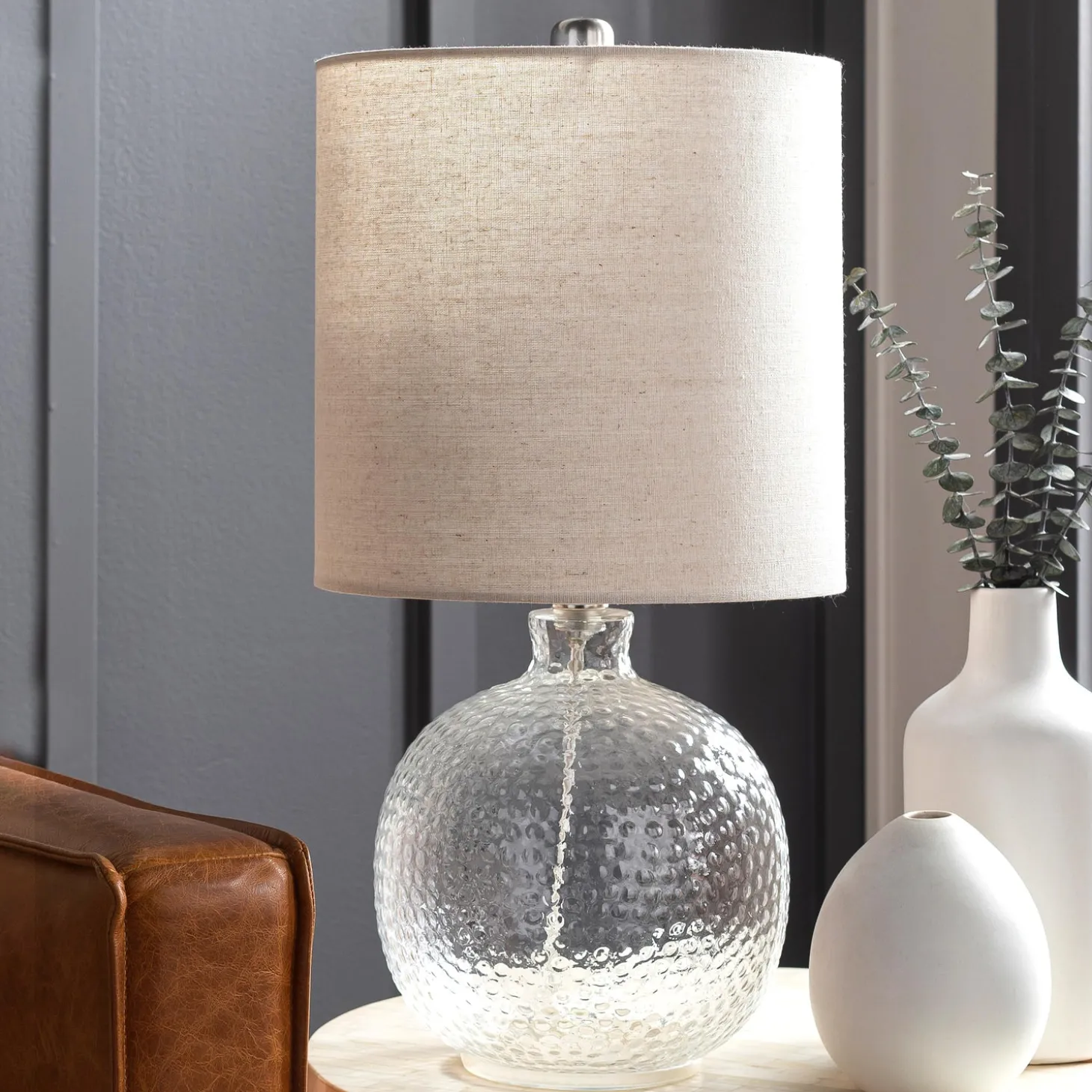 Lamps & Lighting>Plow & Hearth Textured Bubble Glass Table Lamp with Beige Linen Shade