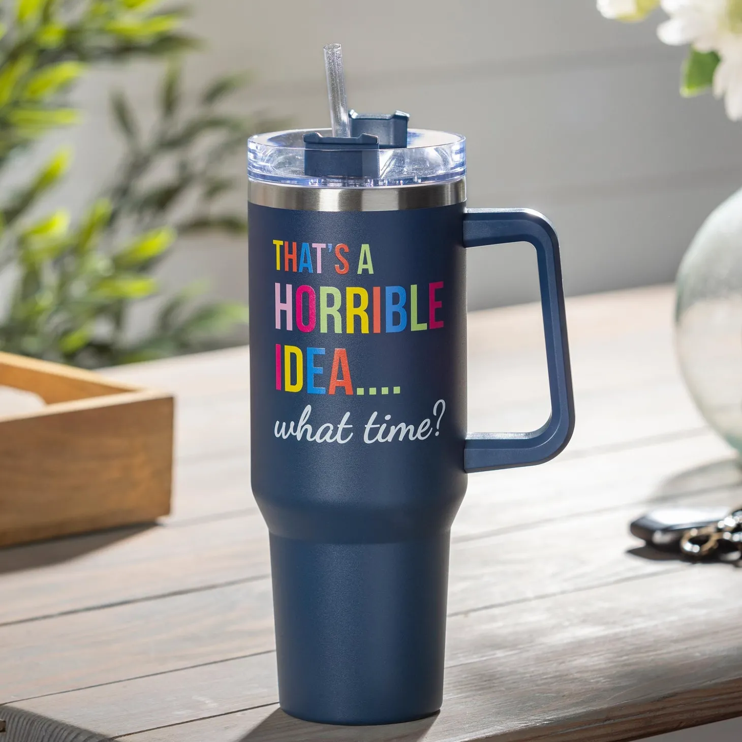 Travel Cups>Plow & Hearth That's A Horrible Idea Canyon Cup, Double Wall Stainless Steel w/ Straw, 40oz, Gift Box