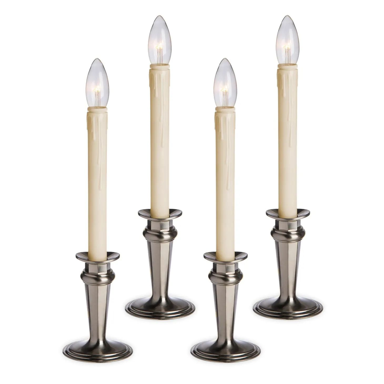 Candles & Lanterns | Lighted Accents>Plow & Hearth Traditional Adjustable Window Candles with Timer and Remote, Set of 4 Pewter
