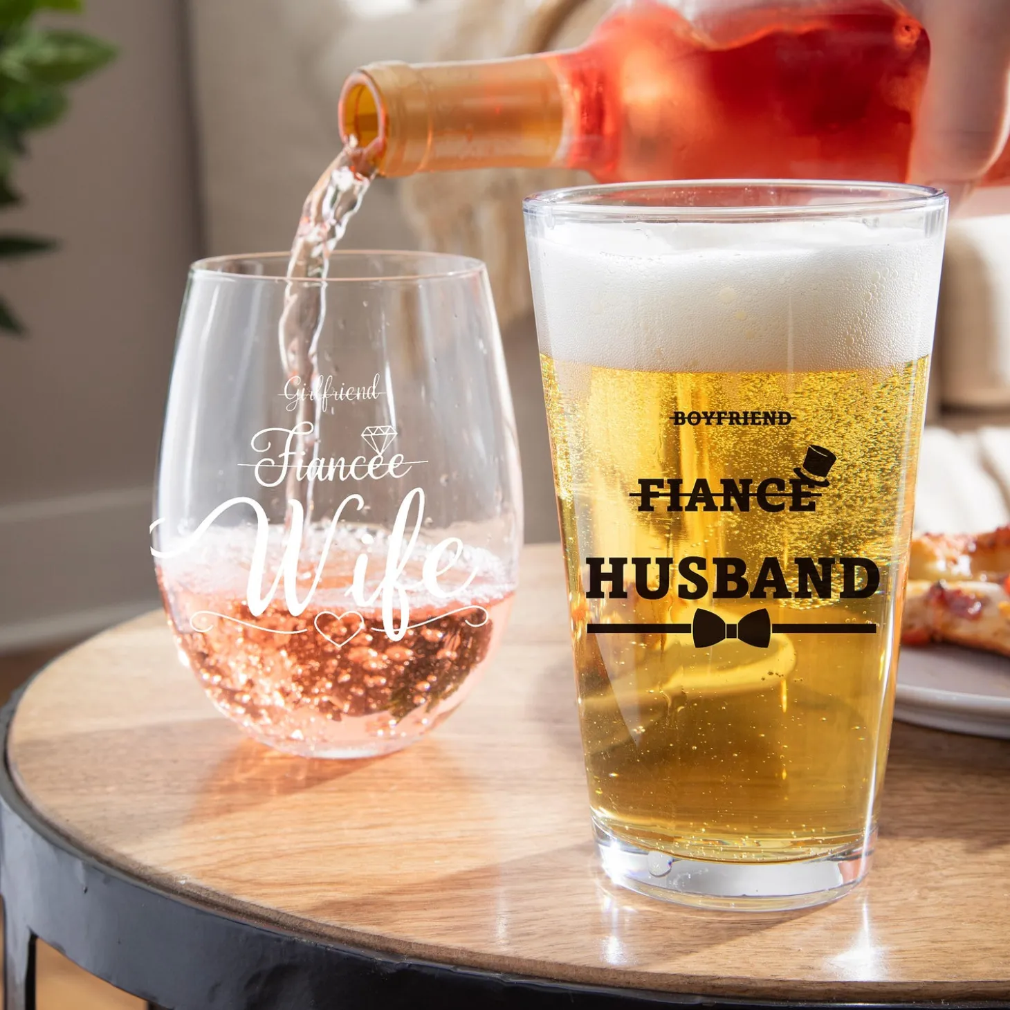 Wine Glasses>Plow & Hearth Wedding Stemless Glass and Beer Pint Giftset, 17oz and 16oz, Gift Box