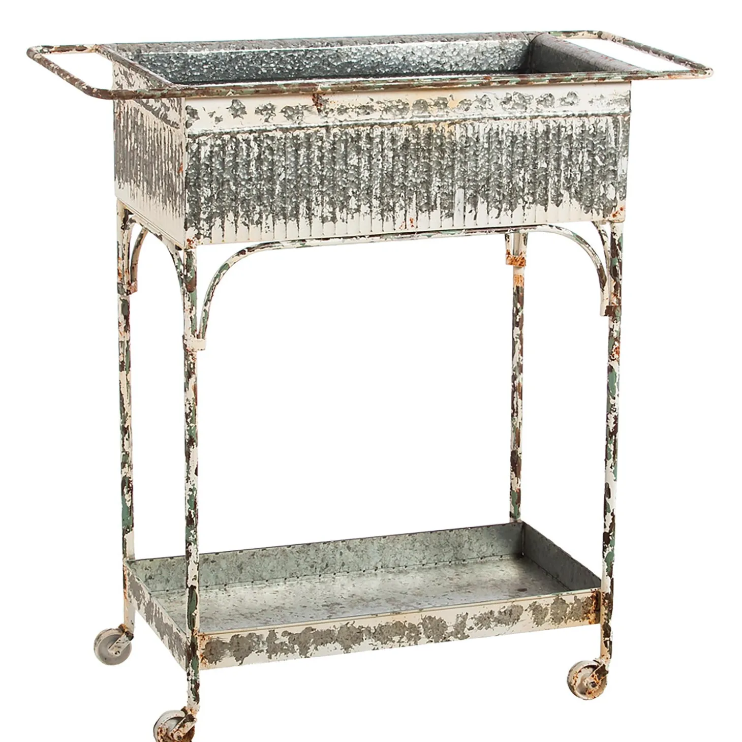 Accent Tables | Desks & Console Tables>Plow & Hearth White Washed Galvanized Metal Two Tier Cart with Tub on the top