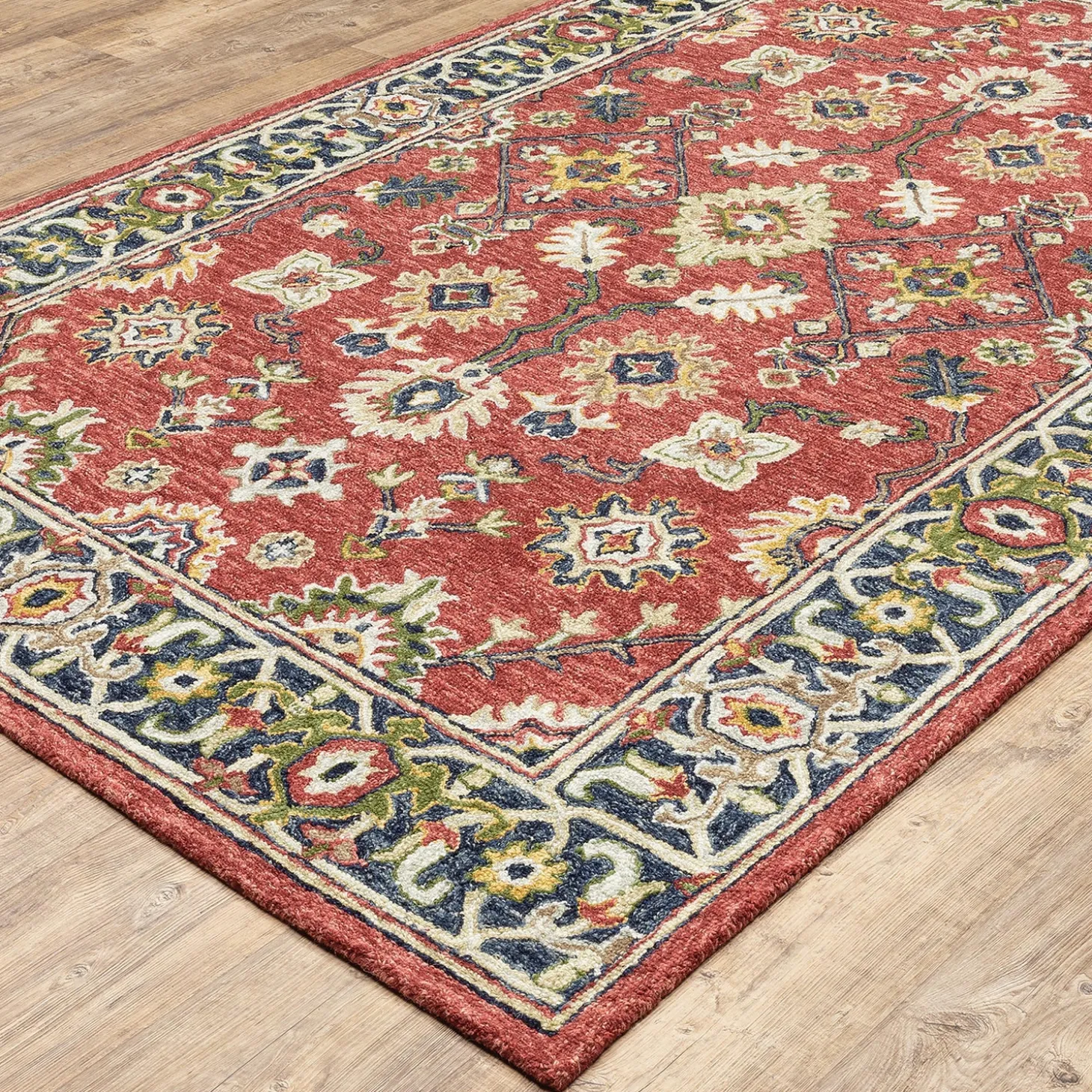 Area Rugs>Plow & Hearth Willow Oaks Red Wool Border Rug, 3'6" x 5'6"