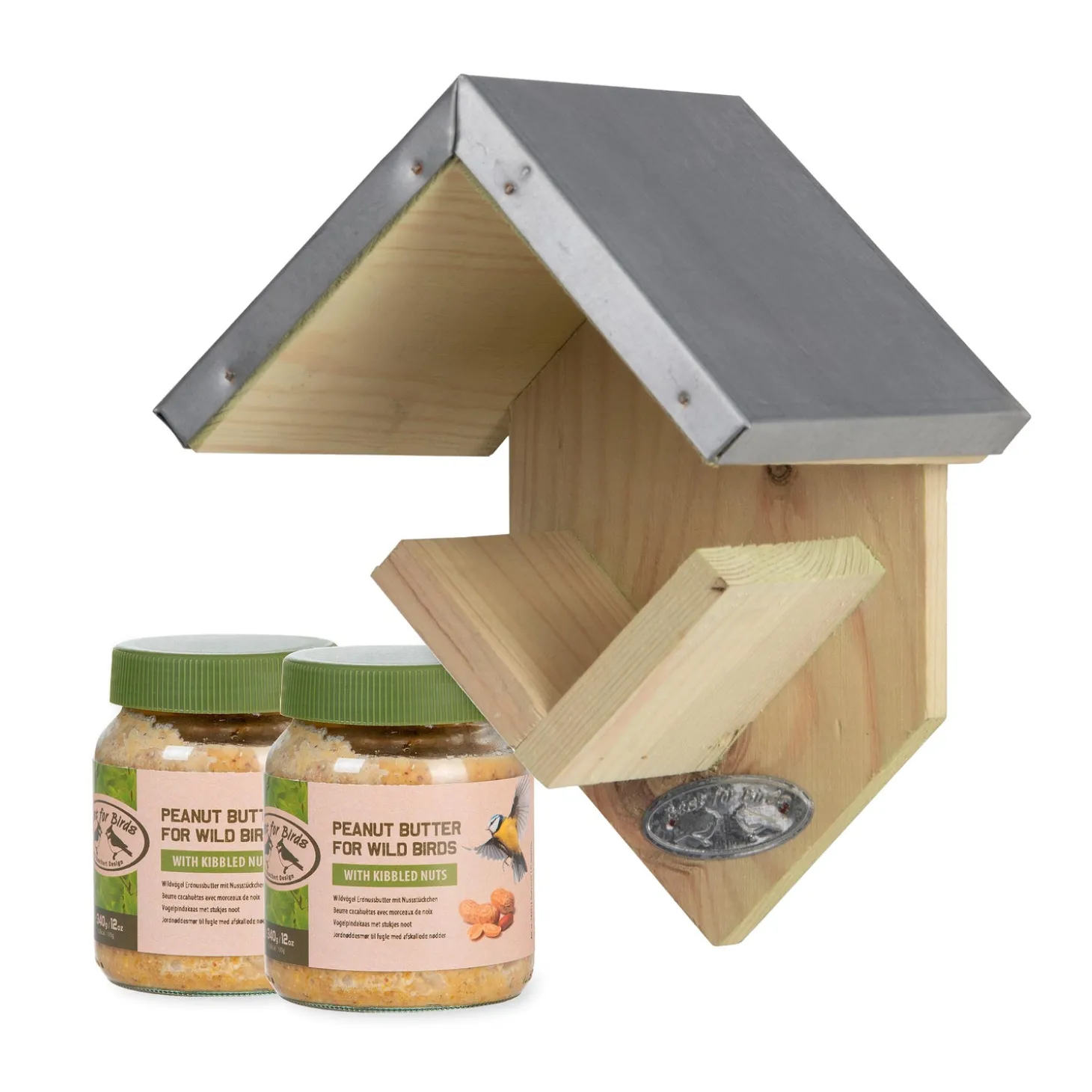 Bird Feeders>Plow & Hearth Wooden Cafe Peanut Butter Bird Feeder with 2 Jars of Peanut Butter