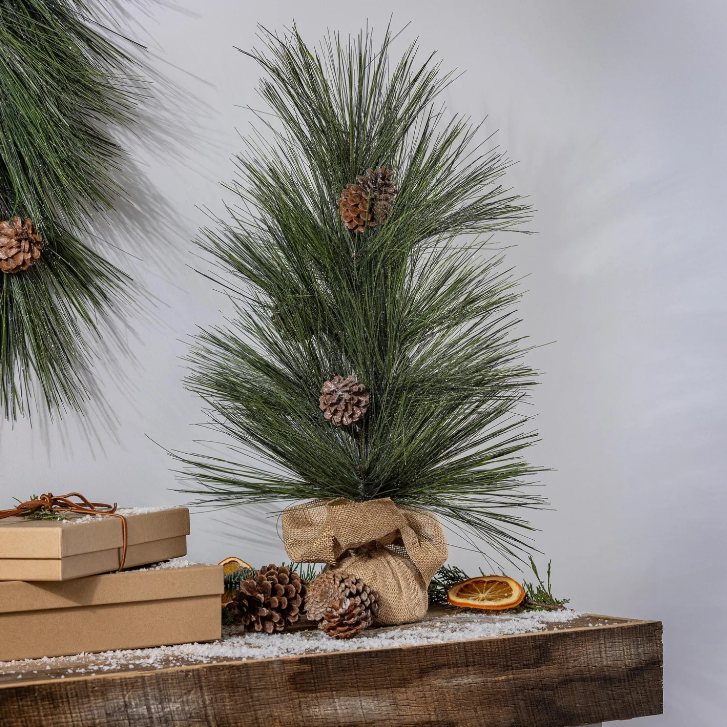 Faux Flowers & Plants | Lighted Trees & Garlands>Plow & Hearth Woodland Storybook Faux Floral Table Decor Shimmering Long Need Pinecone Tree with Burlap Base, 24"