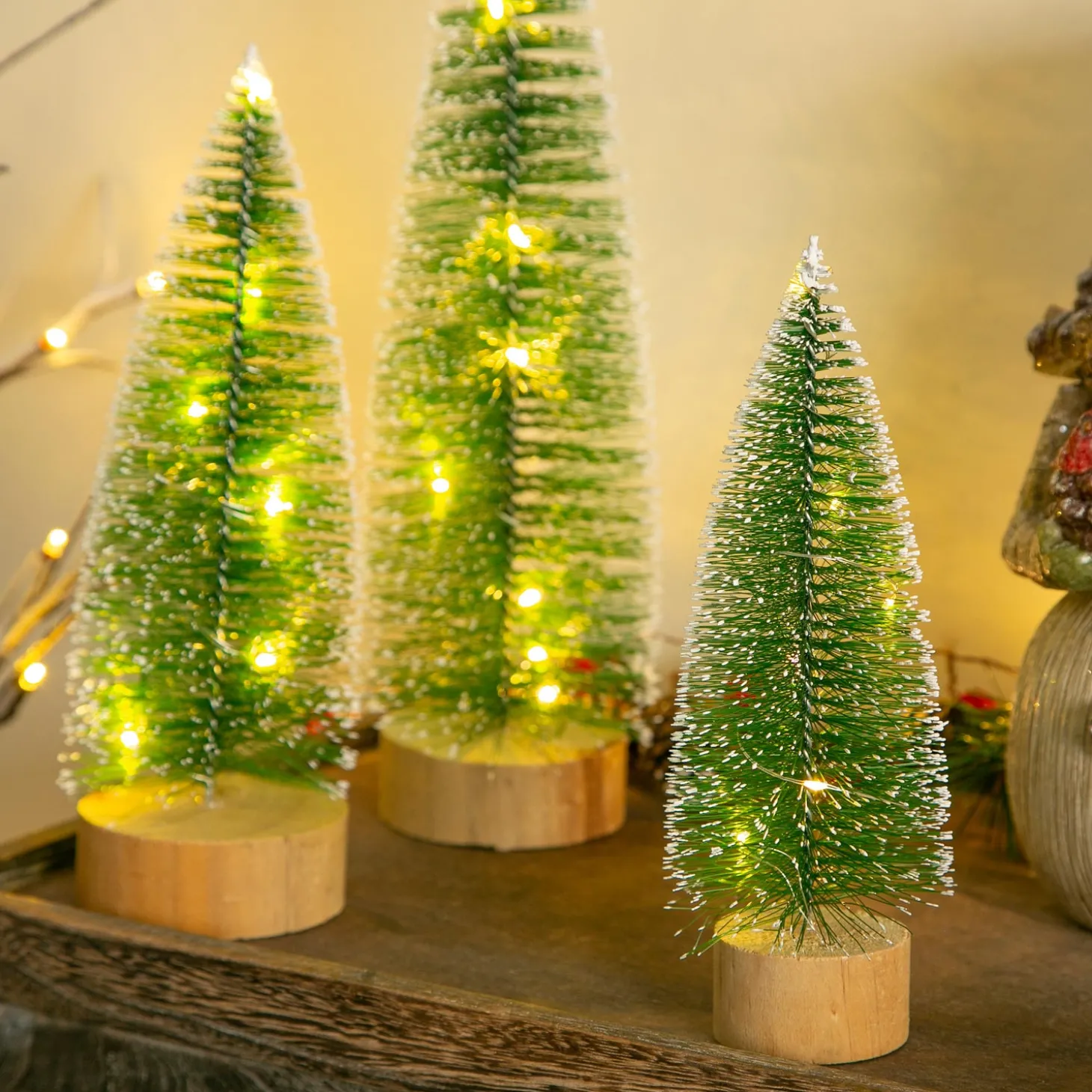 Decorative Accents>Plow & Hearth Woodland Storybook LED Table Decor Snow Covered Bottle Brush Tree, Set of 3