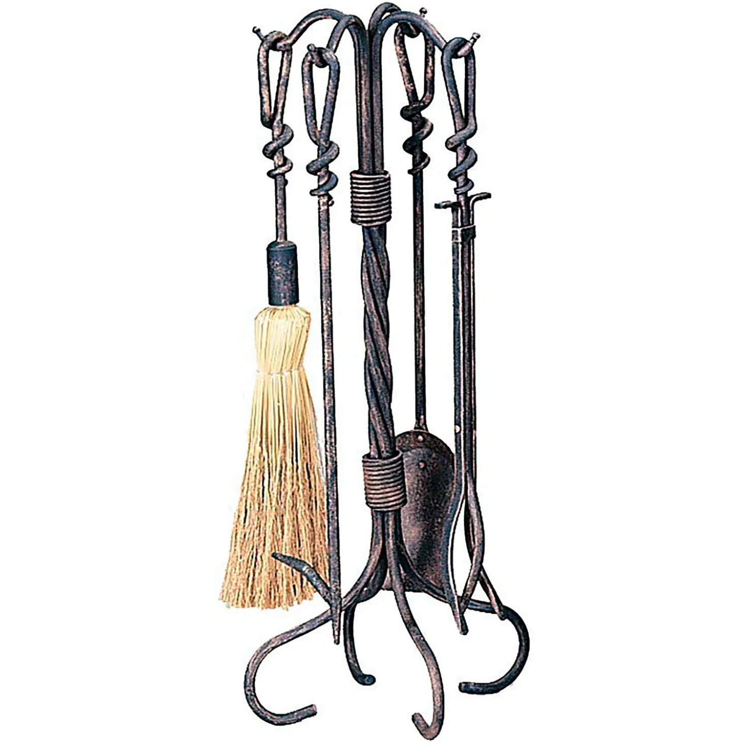Fireplace Tool Sets>Plow & Hearth Wrought Iron 5-Piece Fireplace Tool Set with Twist Handles In Antique Finish Rust